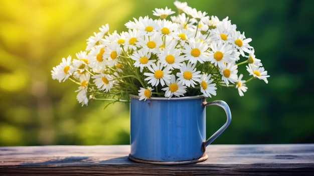 Une tasse d'émail blanc rustique remplie de marguerites blanches fraîches sur une table en bois avec un fond de jardin vert doux.