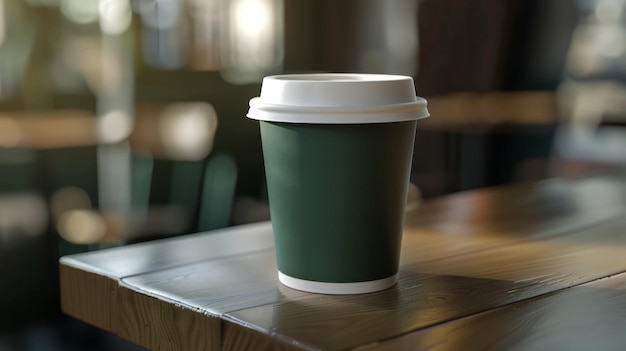 Une tasse à emporter écologique solitaire est posée sur une table en bois, évoquant une pause-café attentive.