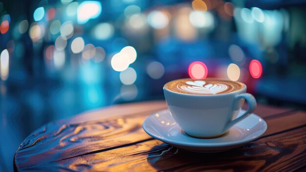 La tasse est en céramique et a une mousse en forme de cœur sur le dessus