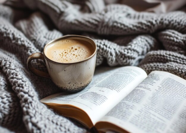 une tasse est posée sur un livre ouvert sur le lit