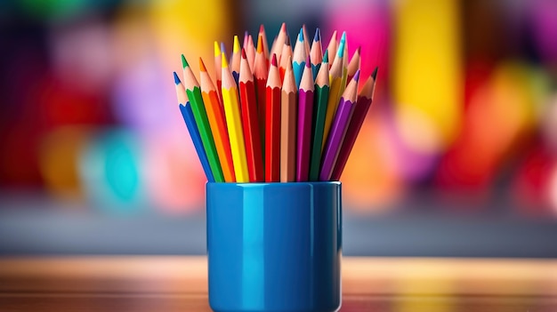 La tasse est remplie de crayons colorés et de lumières brillantes.