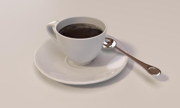 Tasse à expresso italienne. Image d'une tasse avec cuillère en métal et mousse blanche sur fond blanc.