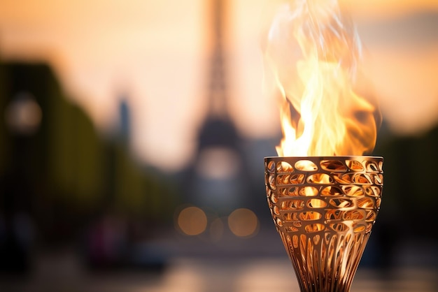 une tasse en feu avec la Tour Eiffel en arrière-plan