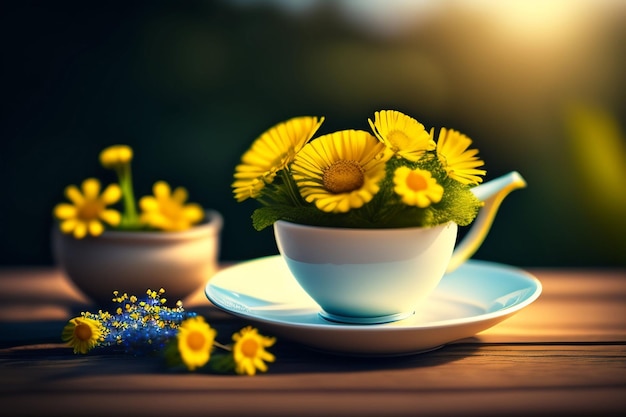 Une tasse de fleurs sur une table avec une soucoupe et une assiette avec une fleur jaune au milieu.