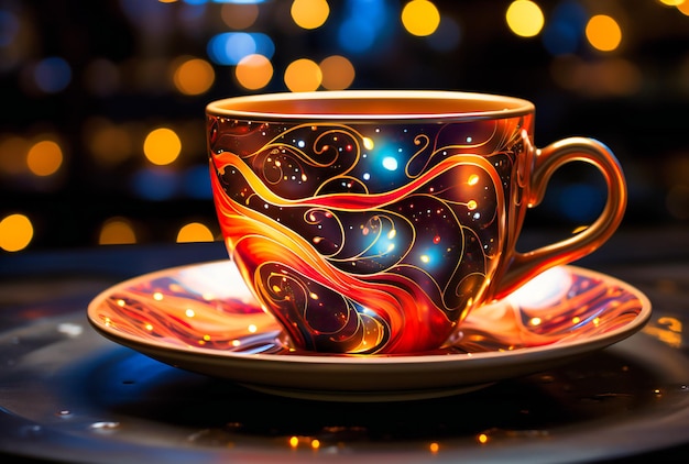 Une tasse avec la forme d'un atome coloré