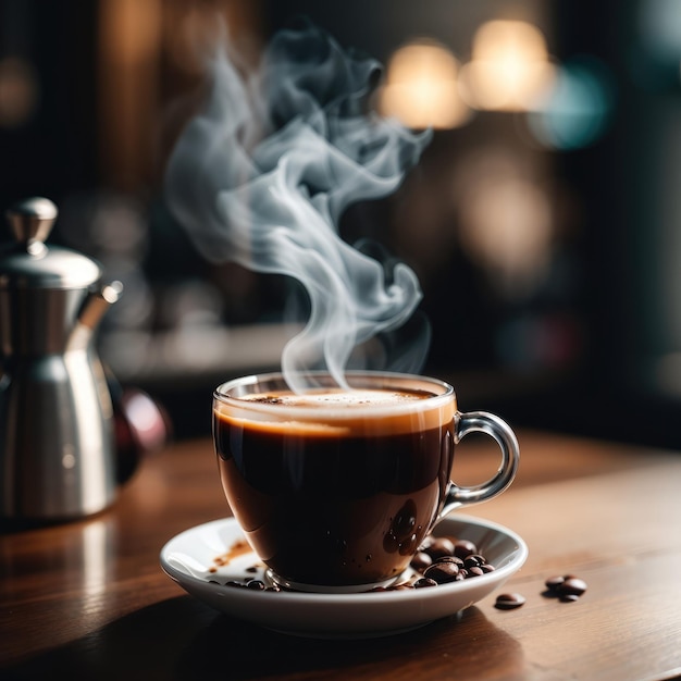 tasse fumante de café fraîchement moulu