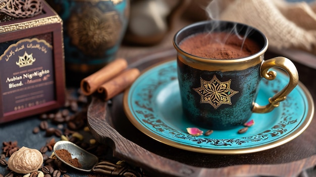 Tasse fumante de mélange des mille et une nuits sur table vintage