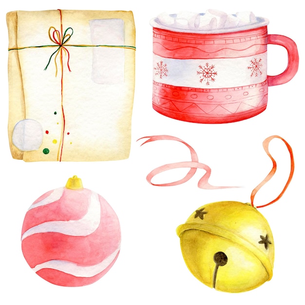 Photo tasse de guimauve, paquet de noël, cloche, jouet d'arbre de noël, boule, ruban