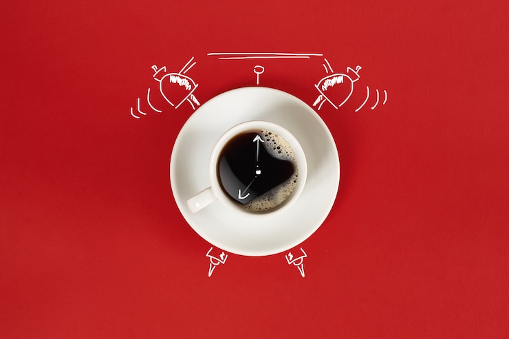 Photo tasse d'horloge d'espresso frais avec signe d'horloge sur fond rouge