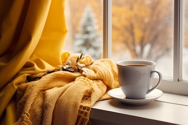 Tasse jaune écharpe fenêtre café Bois d'automne Générer Ai