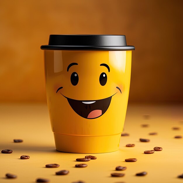 Photo une tasse jaune avec un smiley dessus avec des grains de café dedans