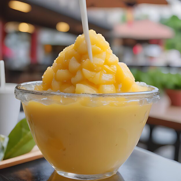 Photo une tasse de jus d'ananas avec une paille dedans