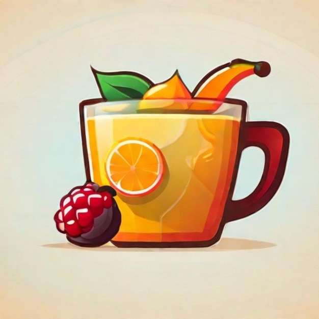 Une tasse de jus et des fruits