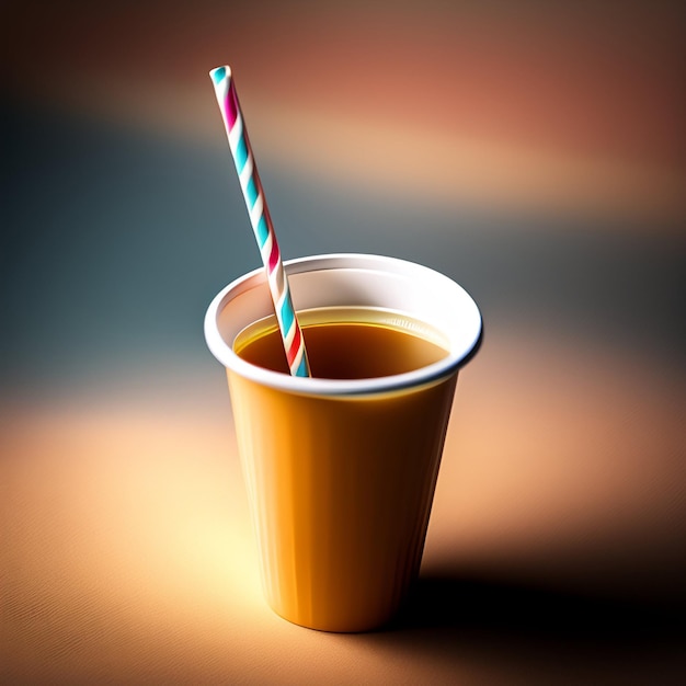 Une tasse de jus d'orange avec une paille à rayures rouges et blanches.