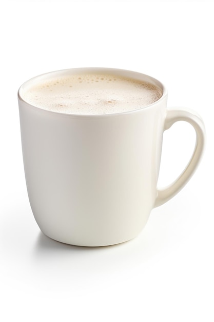 Une tasse de lait chaud sur fond blanc.