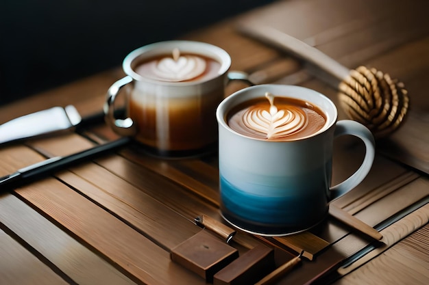 une tasse de latte art est assise sur une table.