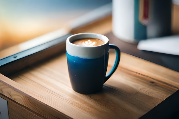 une tasse de latte art est posée sur une table.