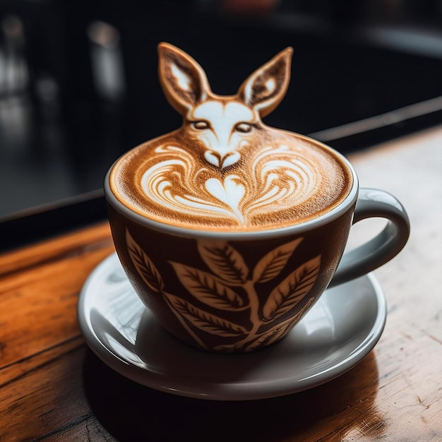 Une tasse de latte art avec un lapin sur le bord