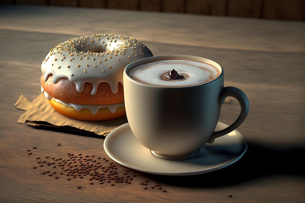 Tasse de latte et beignet glacé sur l'art généré par le réseau neuronal de table