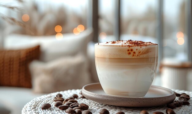 Une tasse de latte avec de la cannelle sur un canapé confortable