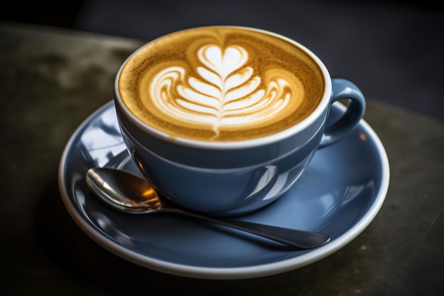 une tasse de latte avec une cuillère sur une soucoupe