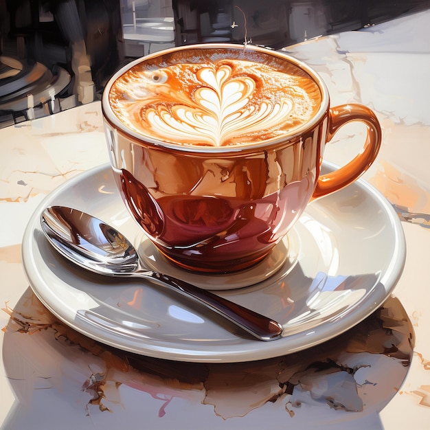 Photo une tasse de latte avec une cuillère sur une soucoupe.