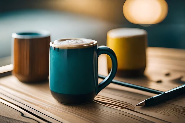 Une tasse de latte avec une cuillère sur une table.