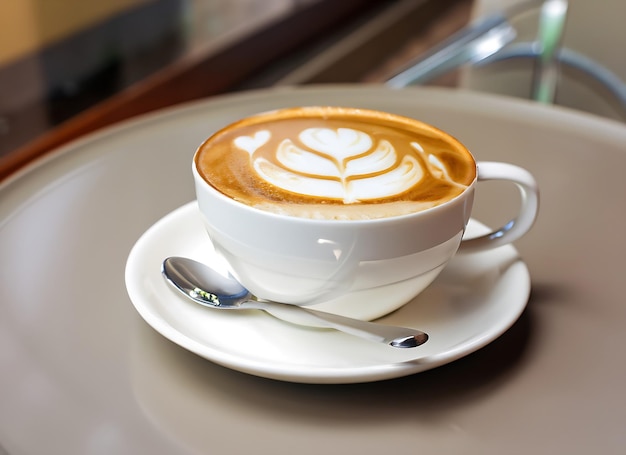 Une tasse de latte avec une cuillère sur une table