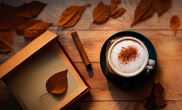 Une tasse de latte avec un dessin sauté à côté d'un vieux livre sur une table en bois et des feuilles d'automne