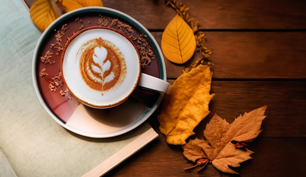 Une tasse de latte avec un dessin sauté à côté d'un vieux livre sur une table en bois et des feuilles d'automne