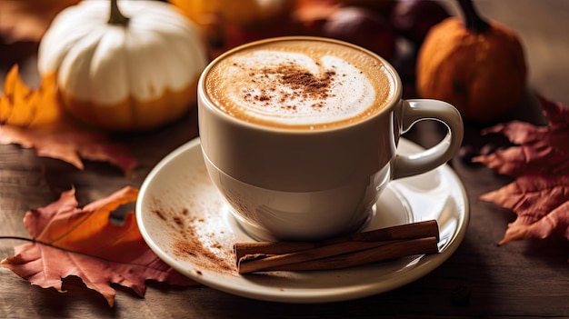 une tasse de latte d'épices de citrouille sur une table en bois avec des feuilles d'automne et des mini citrouilles en arrière-plan