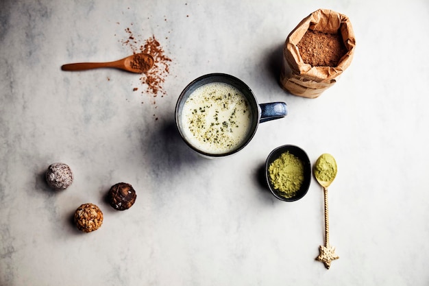 Tasse de latte matcha vert avec des chocolats