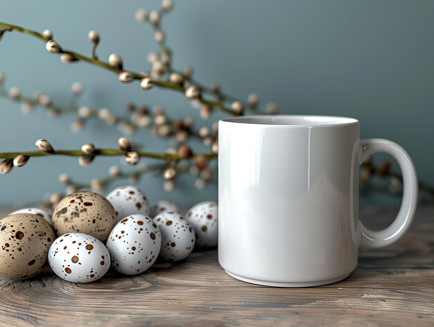 Une tasse de maquette avec des œufs de Pâques sur un fond clair