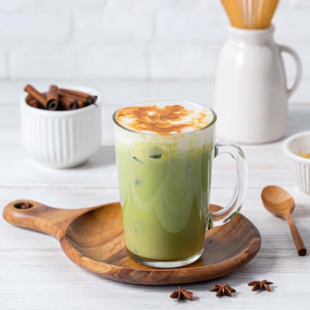 Une tasse de matcha latte chaud sur la table en bois