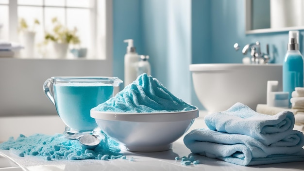 Photo une tasse de mesure étincelante remplie de poudre à laver bleue vibrante