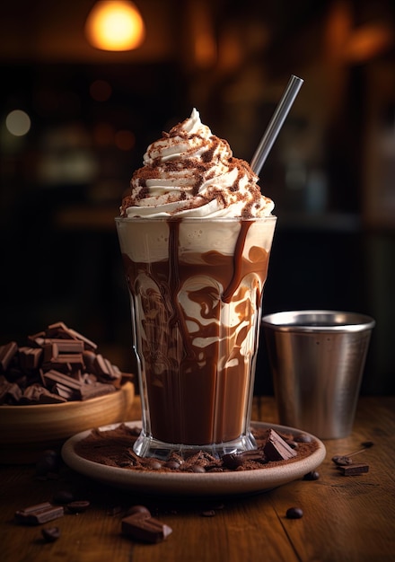 Photo une tasse de milk-shake au chocolat avec une paille dedans