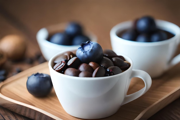 une tasse de mûres avec une tasse de café blanc et un bol de chocolats.