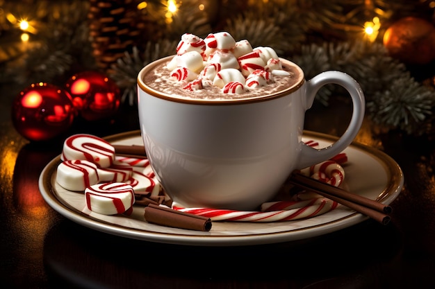 Une tasse de Noël de chocolat chaud avec des guimauves et une canne en bonbon