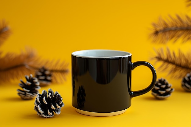 Une tasse noire avec des cônes de pin sur un fond jaune