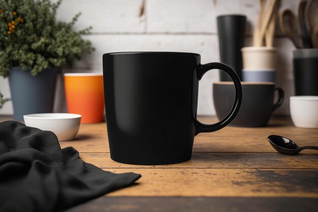 Une tasse noire est posée sur une table avec un mur de briques blanches derrière elle.