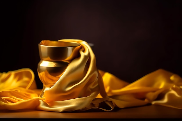 Une tasse d'or avec un tissu d'or dessus