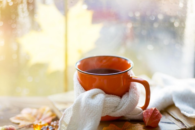 Une tasse orange dans une écharpe avec des citrouilles de thé chaud érable sec jaune laisse un livre sur le rebord de la fenêtre des gouttes de pluie sur la fenêtre humeur d'automne