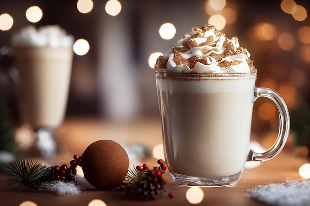 Tasse de pain d'épice latte en verre crème fouettée vue latérale ornements de noël ambiance de noël