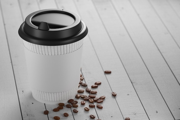 Tasse en papier blanc avec du café sur une table en bois blanche. rendu 3D.