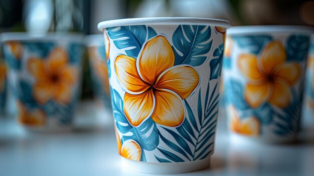 Une tasse de papier blanc avec des motifs bleus et jaunes générés par ai