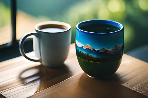 une tasse avec un paysage de montagne dessus