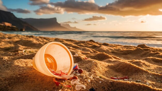 Photo une tasse en plastique sur le sable doré de la plage de l'océan playa de las teresitas tenerife