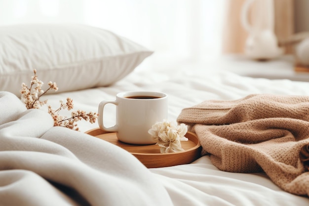 Une tasse sur un plateau rond de rhubarbe se trouve sur le lit Le concept de détente à la maison avec du café