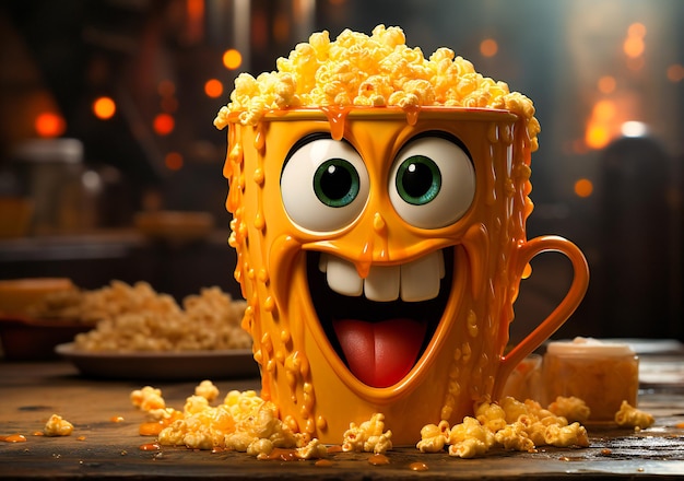 une tasse de pop-corn animée avec des yeux et un nez