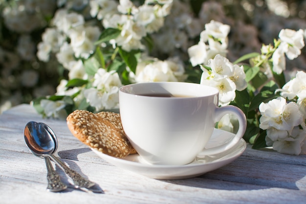 Tasse en porcelaine blanche avec du thé et deux biscuits à l'avoine avec des graines de sésame sur une table en bois dans le contexte de la floraison du jasmin.